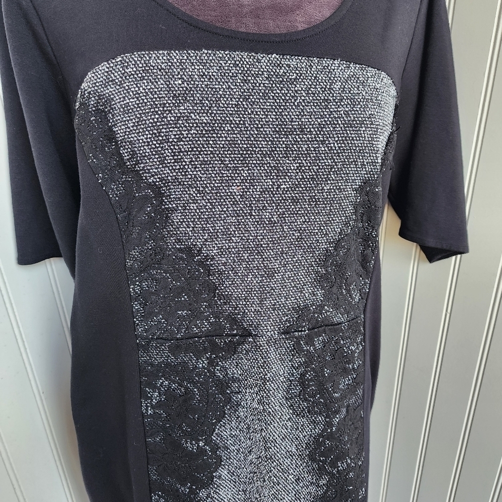 Lane Bryant Dress Womens Black Gray Stretch Knit Lace Shoulders Short Sleeve 14 - Picture 4 of 13